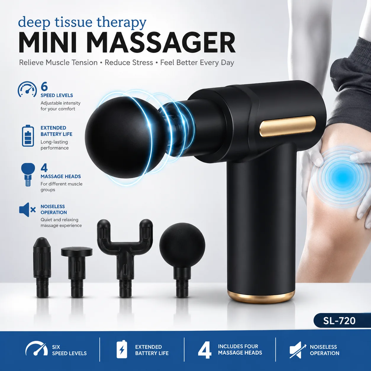 SL-720 Mini Massage Gun – Deep Tissue Muscle Massager | 4 Massage Heads | 6 Speed Levels 🇧🇩 বাংলা নাম SL-720 মিনি ম্যাসেজ গান – Deep Tissue Body Massager
