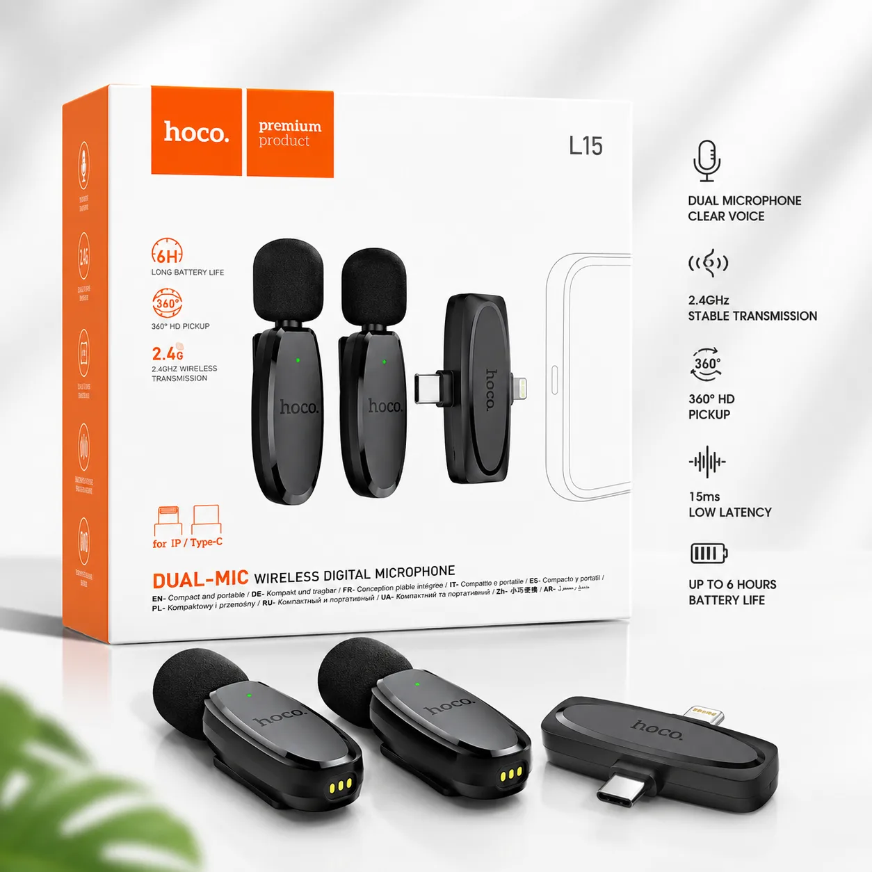 Hoco L15 Dual-Mic Clip-On Wireless Digital Microphone – iP/Type-C