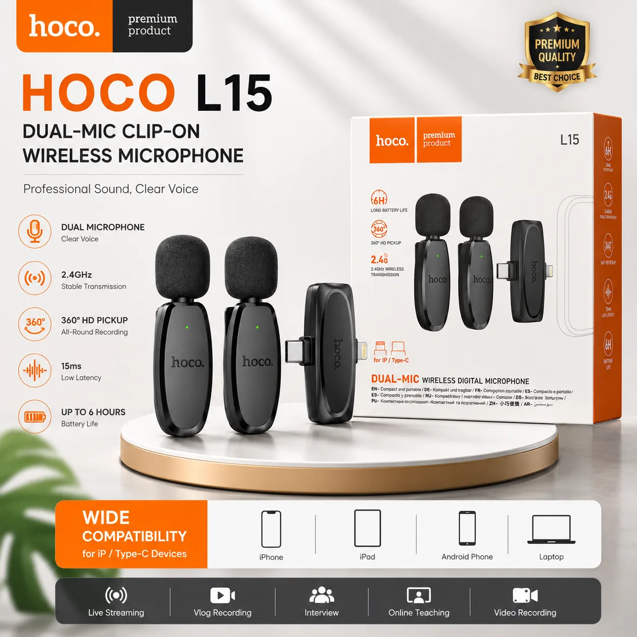 Hoco L15 Dual-Mic Clip-On Wireless Digital Microphone – iP/Type-C