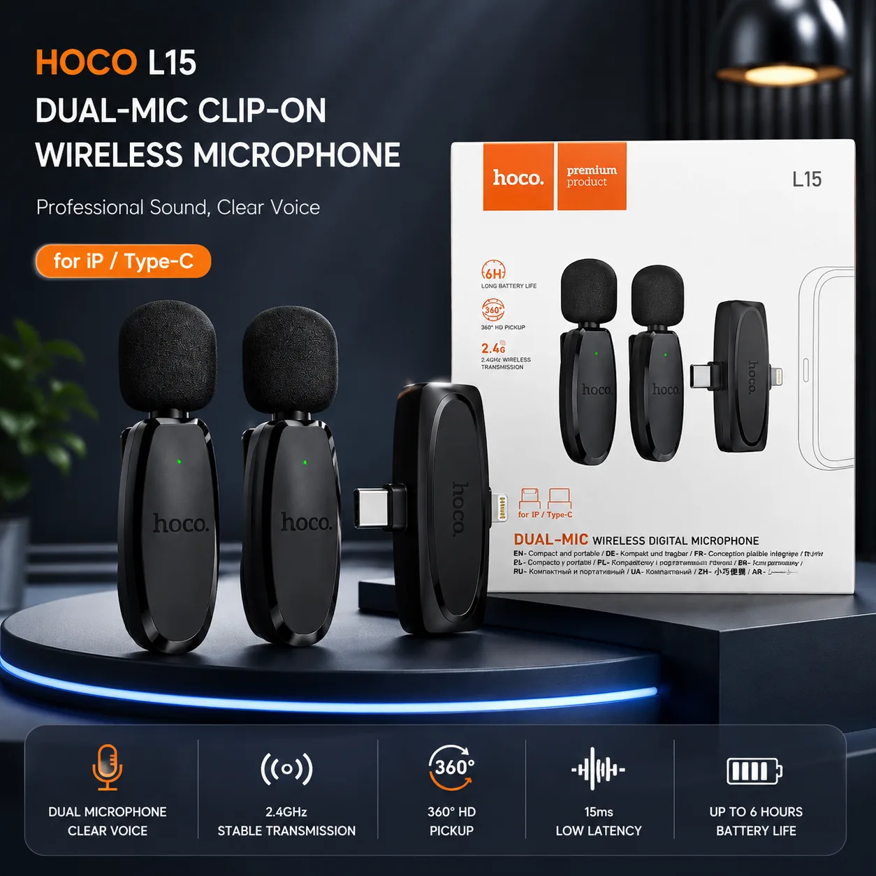 Hoco L15 Dual-Mic Clip-On Wireless Digital Microphone – iP/Type-C